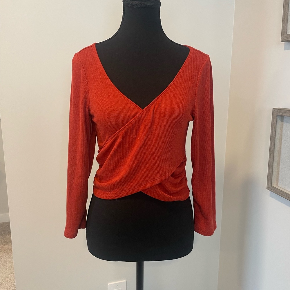 Anthropologie Rust Faux Wrap Long Sleeve Top With Ruching EUC